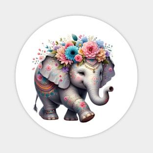 An elephant decorated with beautiful colorful flowers. Magnet